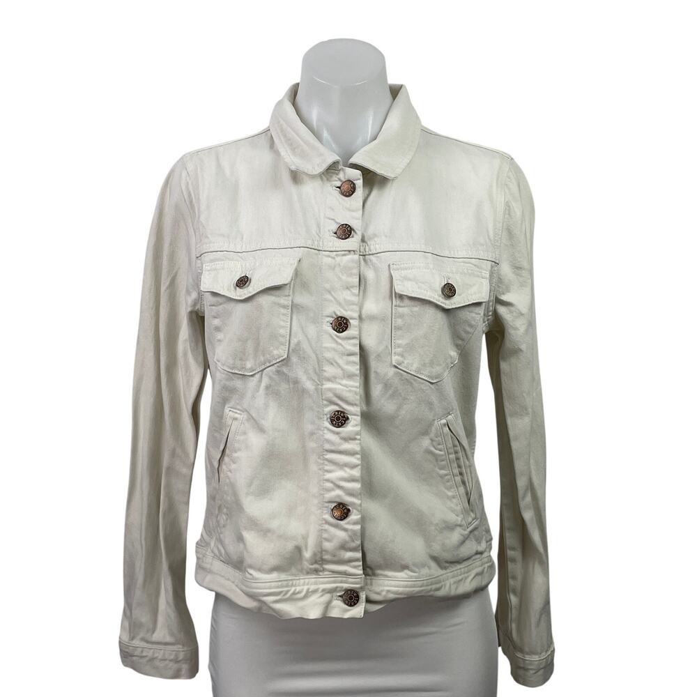 J,Crew Women White Ecru Long Sleeve Button Down Denim Jean Trucker Jacket Size M